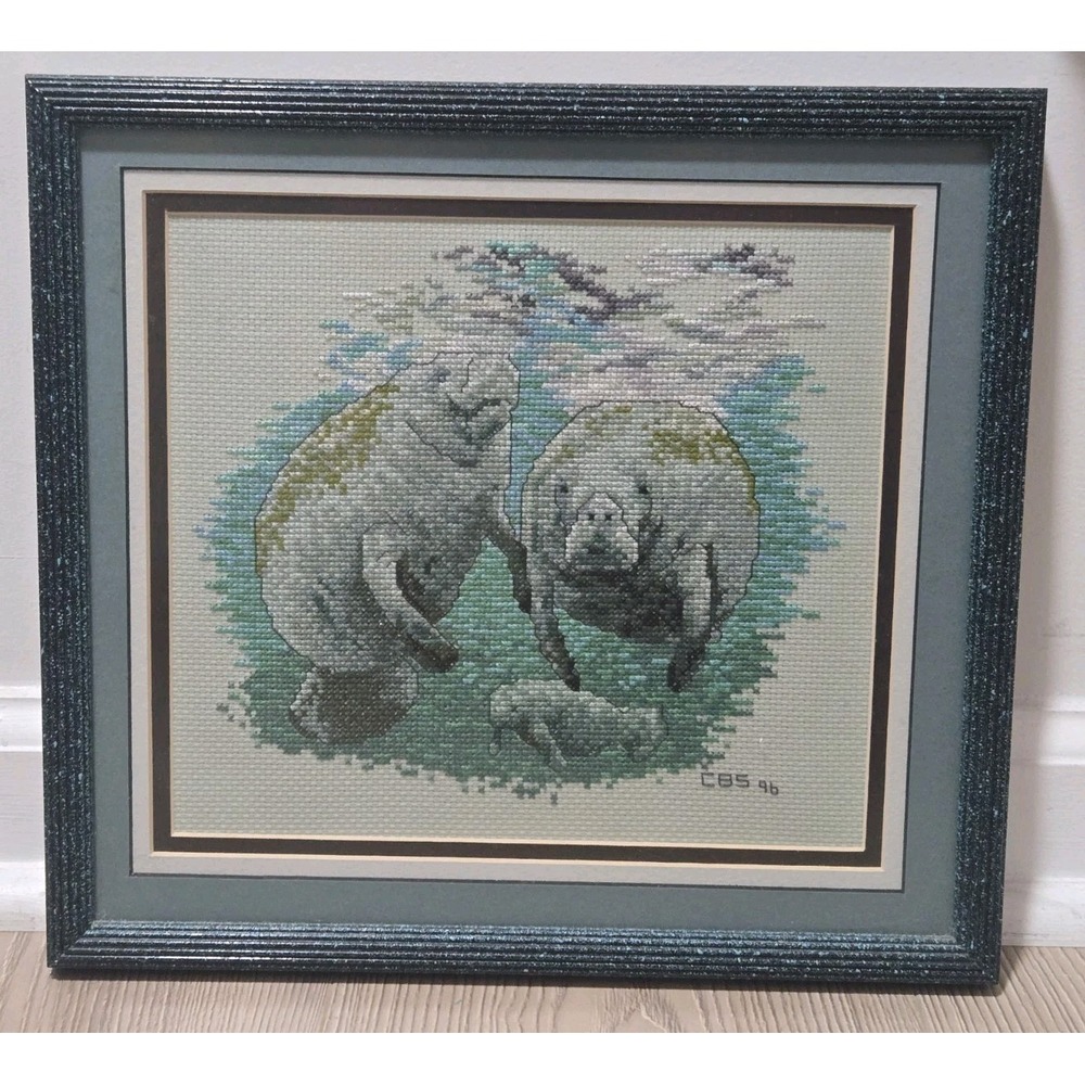 Manatee Family Cross Stitch Framed Art 11"x12" Ocean Animals Vintage Cows